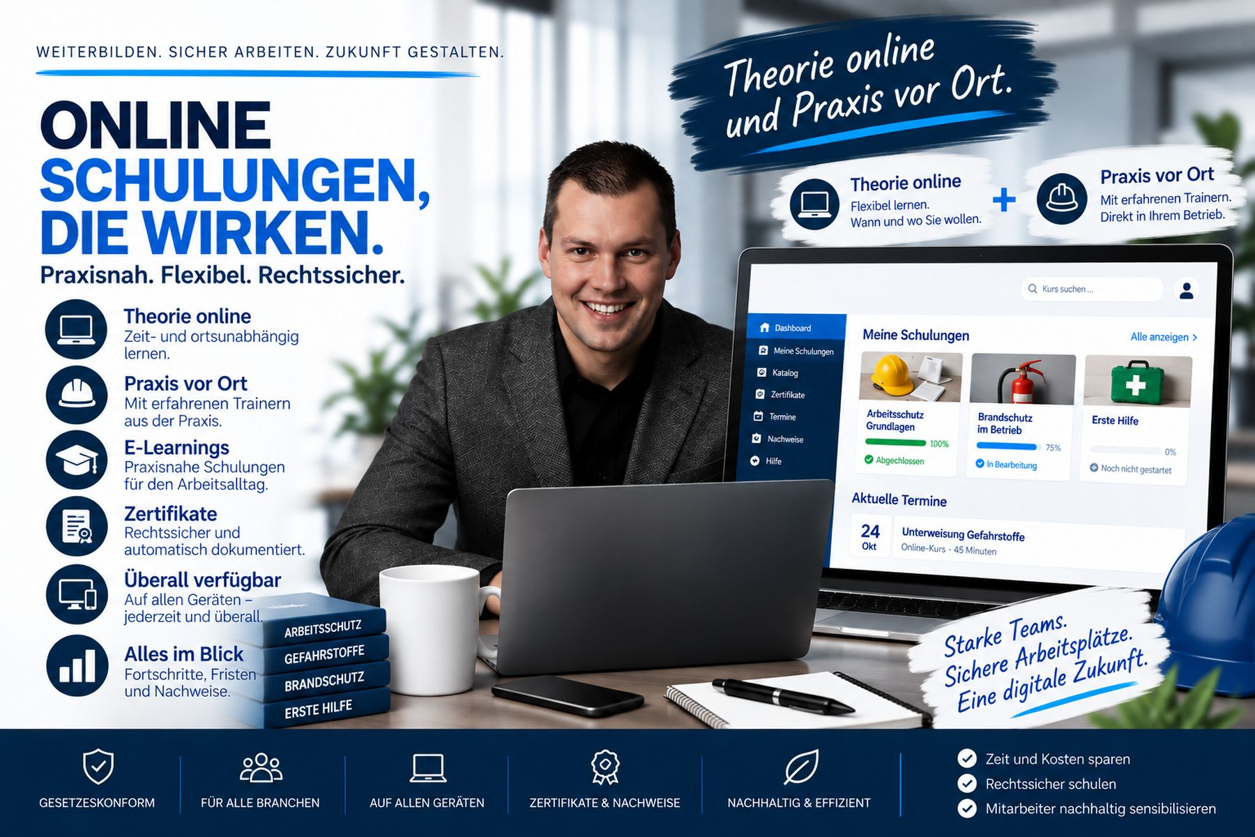 BK Arbeitsschutz Online-Schulungen: Theorie online und Praxis vor Ort, mit Kursübersicht, Zertifikaten und Nachweisen